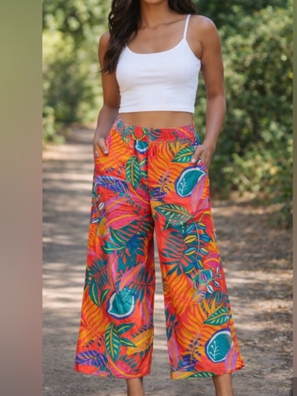 C&C CALIFORNIA TROPICAL PRINT SET TOP SLEEVELESS PANTS WIDE LEG LINEN, 25”inseam